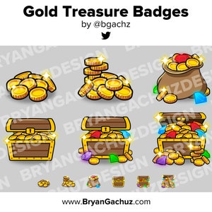 May include: A set of gold treasure badges featuring a pile of gold coins, a chest overflowing with gold coins, a bag of gold coins, and a chest with gold coins and gems. The badges are perfect for adding a touch of fantasy to your designs.
