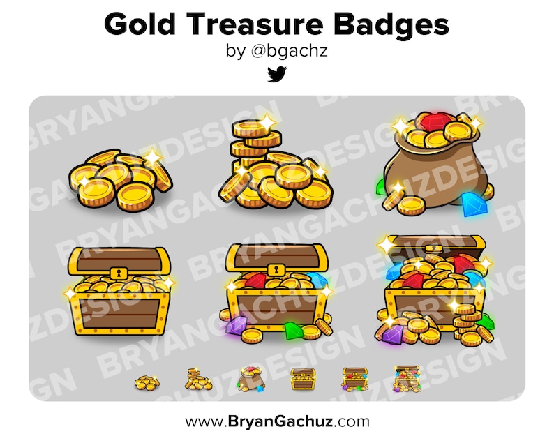 May include: A set of gold treasure badges featuring a pile of gold coins, a chest overflowing with gold coins, a bag of gold coins, and a chest with gold coins and gems. The badges are perfect for adding a touch of fantasy to your designs.