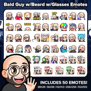 Bald Guy with Beard with Glasses Twitch Emotes MEGA Bundle for Streaming | Emotes for Youtube, Discord, Kick, TikTok, Rumble | Premade P2U