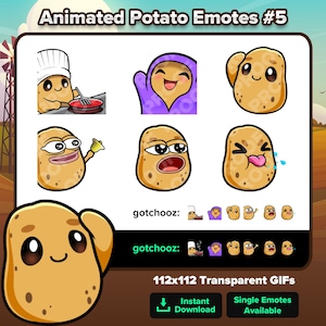 Animowane emotikony ziemniaka Twitch Niech gotują, Kocyk, Salut, Dzwonek DinkDonk, Szczekanie, Język dla Twitch Youtube Discord do przesyłania strumieniowego