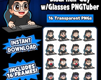 Ragazzo con i capelli neri e gli occhiali PNGtuber Model / Ragazzo reattivo con gli occhiali PNGTuber / Avatar ragazzo / PNG Vtuber per Twitch, YouTube, Kick, Tiktok