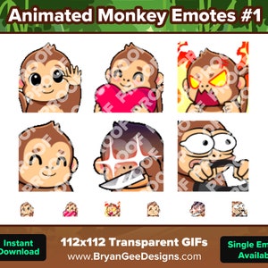Pode incluir: Emojis de macaco animados em uma grade de seis quadrados. Cada quadrado apresenta uma expressão de macaco diferente, incluindo um macaco com um coração, um macaco com uma faca e um macaco com fogo. O texto "Animated Monkey Emotes #1" está no topo da imagem. O texto "112x112 Transparent GIFs" está no meio da imagem. O texto "www.BryanGeeDesigns.com" está abaixo do texto "112x112 Transparent GIFs". O texto "Download instantâneo" está no canto inferior esquerdo da imagem. O texto "Single Emotes Available" está no canto inferior direito da imagem.