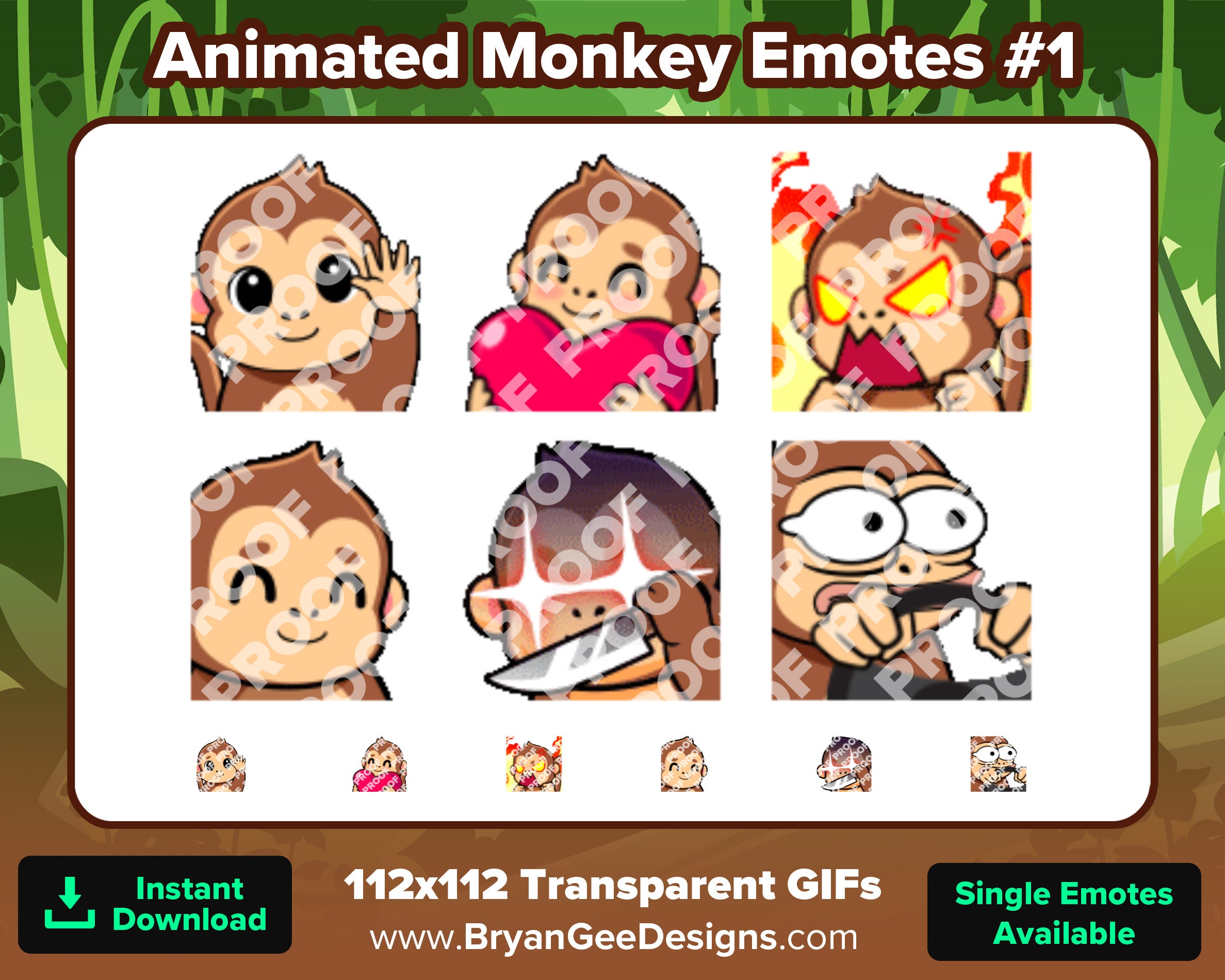 Animated Monkey Twitch Emotes Wave Love Heart Rage Angry Jam Music Knife Steer for Streaming Youtube Emotes Discord Stickers