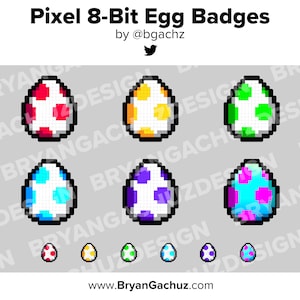 Könnte beinhalten: Acht Pixel-Art-Eierabzeichen in verschiedenen Farben. Die Eier sind weiß mit farbigen Flecken. Die Farben sind rot, gelb, grün, blau, lila und pink. Die Abzeichen sind in zwei Reihen zu je drei angeordnet. Der Text "Pixel 8-Bit Egg Badges" befindet sich oben im Bild. Der Text "by @bgachz" befindet sich unter dem Titel. Der Text "www.BryanGachuz.com" befindet sich unten im Bild.