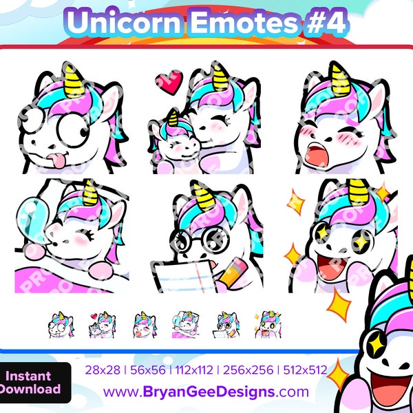 Unicorn Twitch Emotes Derp Hug Gasm Sleep Study Notes Wow for Streaming, Youtube Emotes, Discord Emotes, Kick Emotes, Rumble Emotes