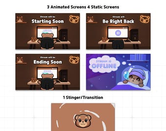 Animated Brown Bear Stream Kit – Gaming Room | Starting Soon BRB Ending Offline Stinger | Twitch YouTube Kick Stream Pack 1920x1080