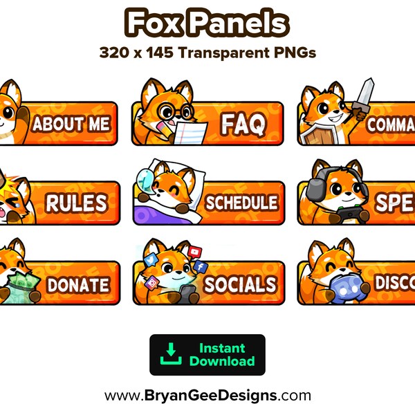 Fox Twitch Panels for Streaming, Youtube Panels, Kick Panels, Rumble Panels, Streamer Panels, Streamer Graphics, Twitch Graphics