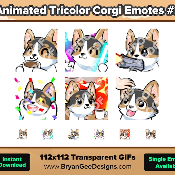 Animated Tricolor Corgi Twitch Emotes Sip Rave Dance Gun Hype Party This is Fine Head Pat for Streaming Youtube Emotes Discord Stickers