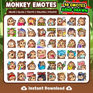 Könnte beinhalten: Eine digitale Sammlung von 48 handgezeichneten Affen-Emotes mit verschiedenen Ausdrücken und Aktionen. Das Set enthält Textbeschriftungen wie HYPE, LURK, THIS IS FINE, CLIP IT, BAN, DO IT, RAID und W. Erhältlich in 28x28, 56x56, 112x112, 256x256 und 512x512.
