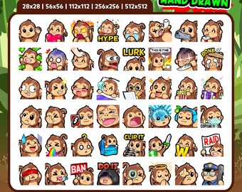 Pacchetto di 48 emoticon di scimmie per Twitch, Discord e YouTube / Simpatiche emoticon di scimmie per streamer / Download digitale / Scimmia Kawaii