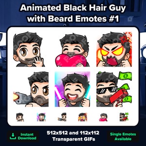 May include: Animated black hair guy with beard emotes. The emotes include a heart, angry face, gun, lightsabers, and money. The emotes are available in 512x512 and 112x112 transparent GIFs.
