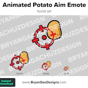 May include: Animated GIF of a potato with a red target sight on it. The potato is rotating around the target sight. The GIF is 112 pixels by 112 pixels.