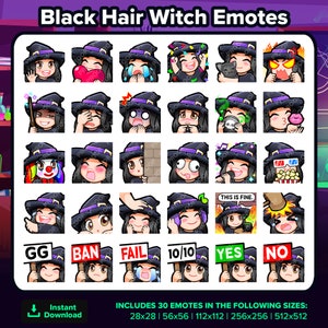 Black Hair Witch Twitch Emotes MEGA Bundle for Streaming, Youtube Emotes, Discord Emotes, Kick Emotes, TikTok Emotes, Rumble, Emojis, P2U