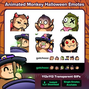 Puede incluir: Imagen promocional de emotes de monos animados con temática de Halloween. La imagen presenta varios monos de dibujos animados disfrazados de diablo, zombi, bruja y vampiro. El texto incluye "Animated Monkey Halloween Emotes", "gotchooz" y "112x112 Transparent GIFs".