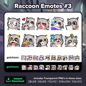 Raccoon Twitch Emotes Derp Hug Gasm Sleep Notes Study Wow Popcorn Wink Nervous Confused for Streaming Youtube Discord TikTok Kick P2U Emojis
