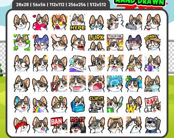 Pacchetto di 48 emoticon Corgi Tricolore per Twitch, Discord e YouTube / Simpatiche emoticon Corgi Tricolore per streamer / Download digitale / Cane Corgi Kawaii