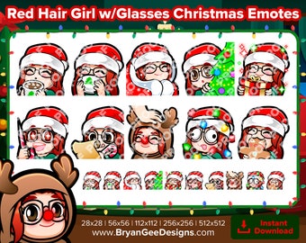 Ragazza dai capelli rossi con gli occhiali Emote di Natale Twitch per lo streaming Youtube Emote Discord Emote Tiktok Emote premade Emote Pay to Use