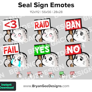 Cute Chibi Kawaii Seal / Sea Lion &lt;3, Raid, Ban, Fail, Yes and No Sign Emotes for Twitch, Discord or Youtube