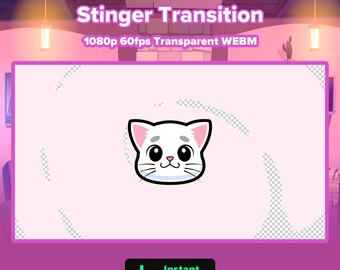 Könnte beinhalten: Digitalgrafik mit einem weißen Katzenkopf, schwarzen Umrissen und einem niedlichen Ausdruck. Der Text "White Cat Head Stinger Transition" steht darüber, darunter "1080p 60fps Transparent WEBM". Unten befindet sich ein "Instant Download"-Button.