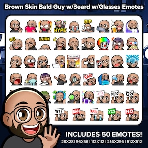 Bald Brown Skin Guy with Beard with Glasses Twitch Emotes MEGA Bundle for Streaming | Emotes for Youtube, Discord, Kick, TikTok, Rumble P2U