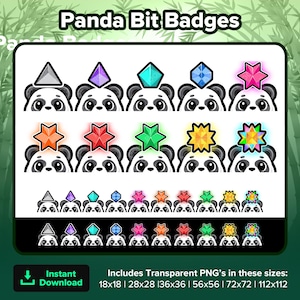 Puede incluir: Un conjunto de insignias digitales que muestran un panda con diferentes sombreros y estrellas de colores. Las insignias están disponibles en varios tamaños, incluyendo 18x18, 28x28, 36x36, 56x56, 72x72 y 112x112 píxeles.