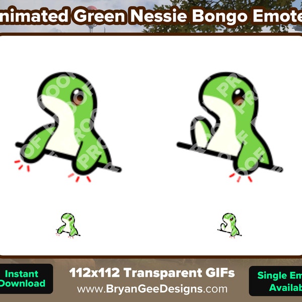 Animated Green Nessie Bongo Emotes for Twitch or Discord, Nessie Emotes