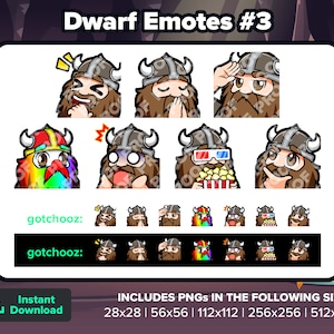 Emotki Twitch Krasnoludów Śmiech Modlitwa Salut Klaun Przestraszony Popcorn Myśl o przesyłaniu strumieniowym Emotki YouTube Emotki Discord Emotki Kopnięcia Emotki Rumble