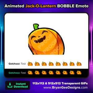 May include: Animated Jack-O-Lantern bobblehead emote. The jack-o-lantern is orange with a green stem and a smiling face. The emote is available in 112x112 and 512x512 pixel sizes.