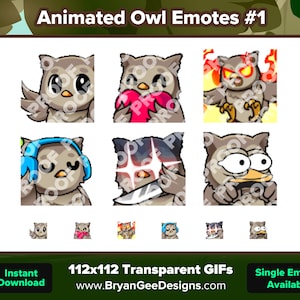 Animated Owl Twitch Emotes Wave Love Heart Rage Angry Jam Music Knife Steer for Streaming Youtube Emotes Discord Stickers