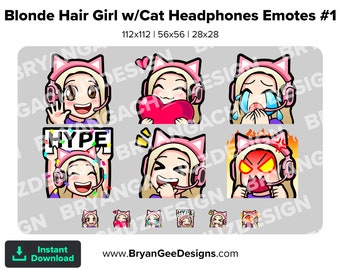 Blonde Hair Girl with Cat Headphones Twitch Emotes for Streaming Wave Hi Love Heart Sad Cry HYPE LUL Rage Youtube Emotes Discord Stickers