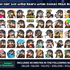 Paquete MEGA de emoticones de Twitch para chico de cabello castaño con barba grande y sombrero al frente para transmisión, emoticones de YouTube, emoticones de Discord, emoticones de patadas