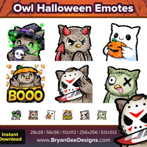 May include: Set of nine Halloween owl emotes featuring different expressions and costumes, including a witch, devil, ghost, pumpkin, and a hockey mask. The emotes are in various sizes, ranging from 28x28 to 512x512 pixels. The text "BOOO" appears on two of the emotes.