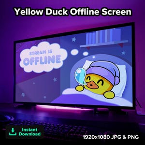 May include: A digital illustration displayed on a monitor, featuring a yellow duck in a nightcap dreaming of a bubble. The text "STREAM IS OFFLINE" is in a cloud-shaped thought bubble. The screen is labeled "Yellow Duck Offline Screen."