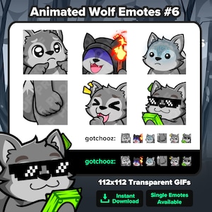 Puede incluir: Conjunto de emoticonos de lobo animados con diversas expresiones. Los lobos son grises y blancos, algunos con accesorios. El texto superior dice "Animated Wolf Emotes #6". Los emoticonos son GIF transparentes de 112x112 píxeles.