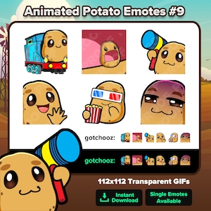 Könnte beinhalten: Eine Sammlung animierter Kartoffel-Emotes mit verschiedenen Ausdrücken und Aktivitäten. Eine Kartoffel befindet sich in einem Zug, eine andere mit 3D-Brille und Popcorn. Der Text "Animated Potato Emotes #9" und "gotchooz" sind ebenfalls sichtbar.