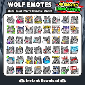 Wolf Emotes 48 Pack for Twitch, Discord & YouTube | Cute Wolf Streamer Emotes | Digital Download | Kawaii Wolf