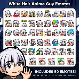 White Hair Anime Guy Twitch Emotes MEGA Bundle for Streaming, Youtube Emotes, Discord Emotes, Kick Emotes, TikTok Emotes, Rumble Emotes