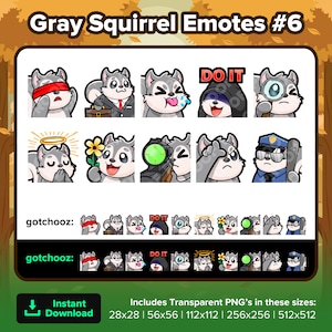 May include: A collection of gray squirrel emotes with various expressions and accessories. The emotes include a squirrel with a blindfold, a briefcase, a tongue sticking out, a magnifying glass, a halo, a flower, a scope, and a police uniform. The text "Gray Squirrel Emotes #6" is at the top.