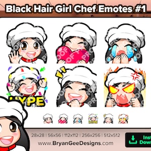 Girl Chef Baker Twitch Emotes Wave Hi Love Heart Sad Cry Hype Laughing Rage Angry for Streaming Youtube Discord TikTok Black Hair Girl