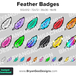 May include: A set of 12 colorful feather badges in various sizes, including white, purple, teal, blue, red, orange, pink, green, lavender, black, yellow, and iridescent. The badges are arranged in a grid pattern on a gray background. The text "Feather Badges" and "BryanGeeDesigns.com" are also visible.