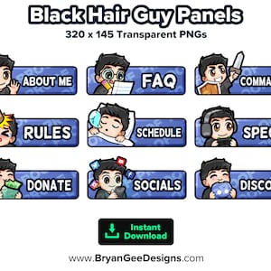 Black Hair Guy Twitch Panels for Streaming, Youtube Panels, Kick Panels, Rumble Panels, Streamer Panels, Streamer Graphics, Twitch Graphics