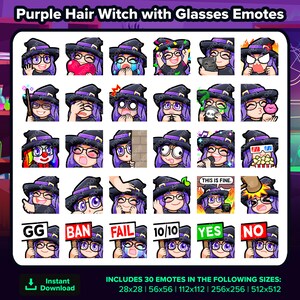 Purple Hair Witch with Glasses Twitch Emotes MEGA Bundle for Streaming, Youtube, Discord, Kick, TikTok, Rumble, Emojis, P2U