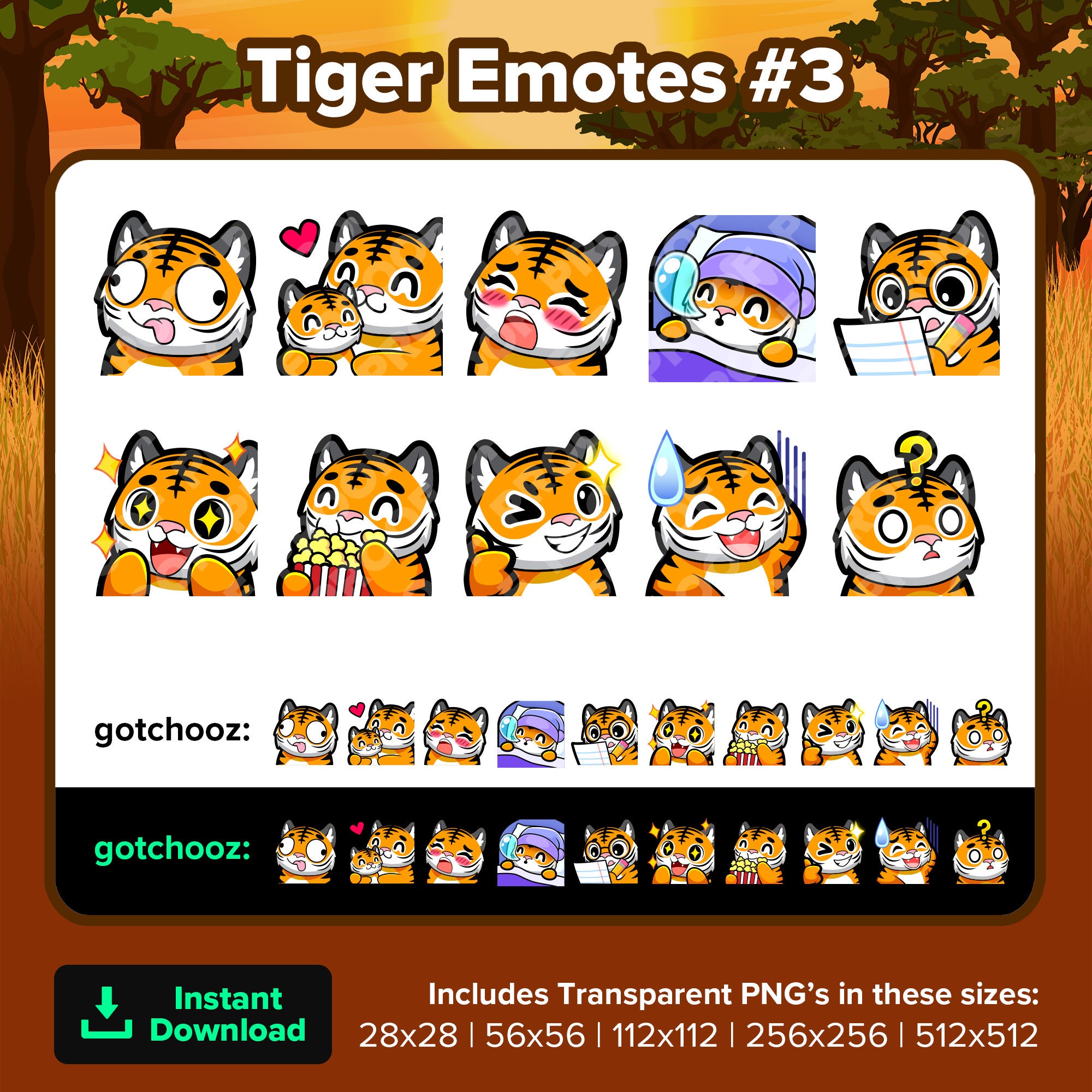 Tiger Twitch Emotes Derp Hug Gasm Sleep Notes Study Wow Popcorn Wink Nervous Confused for Streaming Youtube Discord TikTok Kick P2U Emotes