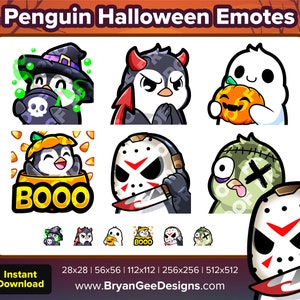 Può includere: Set di 8 emoji di pinguini di Halloween con diversi costumi ed espressioni. Gli emoji includono un pinguino con un cappello da strega, un pinguino con corna da diavolo, un pinguino che tiene una zucca, un pinguino con una maschera da hockey, un pinguino con la faccia cucita e un pinguino con una maschera da hockey e un coltello. Gli emoji sono disponibili in diverse dimensioni, da 28x28 pixel a 512x512 pixel.