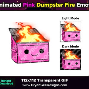 May include: Animated GIF of a pink dumpster on fire with a happy face. The GIF shows the dumpster in both light and dark mode.