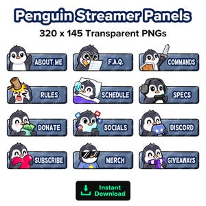 Penguin Twitch Panels for Streaming, Youtube Panels, Kick Panels, Rumble Panels, Streamer Panels, Streamer Graphics, Twitch Graphics