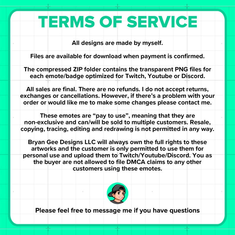 Puede incluir: Un documento digital de T&eacute;rminos de Servicio con un borde verde y blanco. El texto detalla las condiciones de venta de arte digital, cubriendo la disponibilidad de archivos, reembolsos y derechos de uso. Tambi&eacute;n se incluye un peque&ntilde;o avatar de dibujos animados.