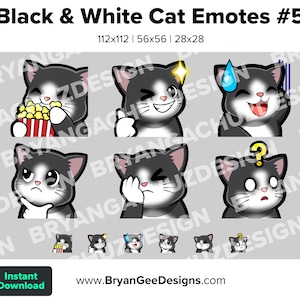 Black and White Cat Tuxedo Cat Twitch Emotes for Streaming Popcorn Wink Nervous Think Facepalm Confused Youtube Emotes Discord Stickers