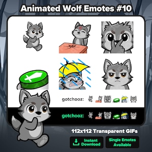 Könnte beinhalten: Eine Sammlung animierter Wolf-Emotes in verschiedenen Posen und Ausdrücken. Die Emotes sind grau und weiß, mit Aktionen wie Laufen, Denken und unter einem Regenschirm stehen. Text enthält "Animated Wolf Emotes #10", "gotchooz" und "112x112 Transparent GIFs".