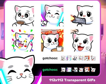 Animated White Cat Emotes Pack #2 | Sip, Rave, Shoot, Hype, Head, Pat, This Is Fine | Twitch Discord YouTube VTuber GIF Emotes
